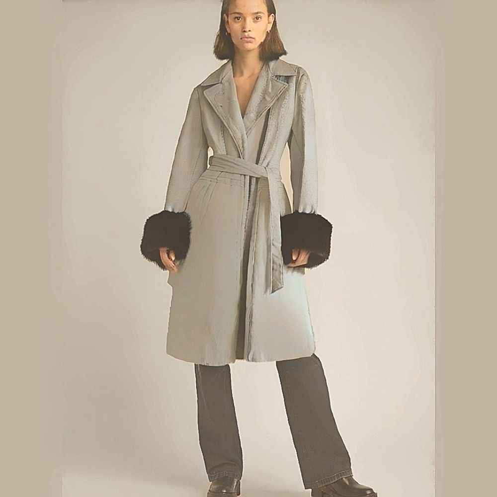 Vintage 1970s Genuine Leather Trench Coat with Faux Fur Cuffs